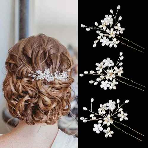 Miniatura 2 de Elegantes horquillas para el pelo de boda con perlas, accesorios de cristal floral flexibles para mujeres nupciales, paquete de 3 (dorado)