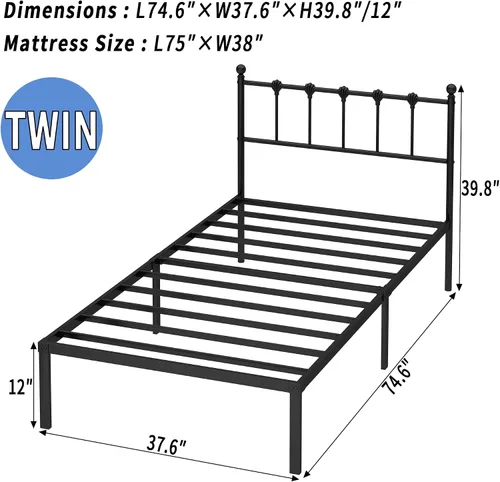 Miniatura 2 de Kujielan Armazón de Cama Tamaño Twin con Cabecera Moderna, Base de Cama de Plataforma de Metal con Soporte Fuerte, No Necesita Somier, Fácil