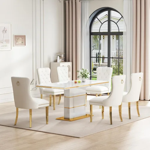 Miniatura 9 de Mesa de comedor moderna negra para 6 personas, mesa de cocina rectangular de 63 pulgadas con acabado lacado dorado y base de pedestal de acero