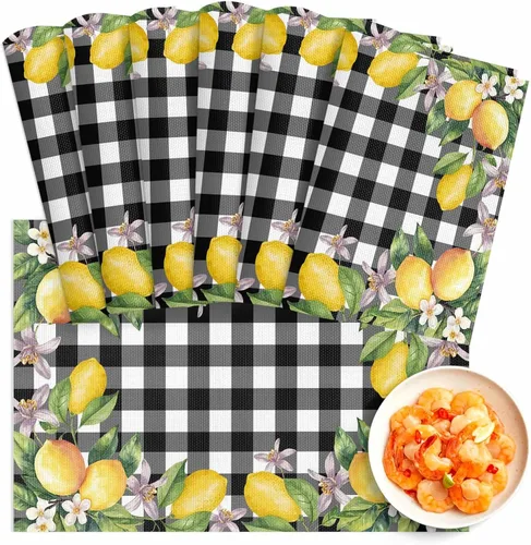 Miniatura 17 de Juego de 4 manteles individuales de verano con diseño de limón, lavables, de PVC, color negro y blanco, a cuadros amarillos, manteles individuales