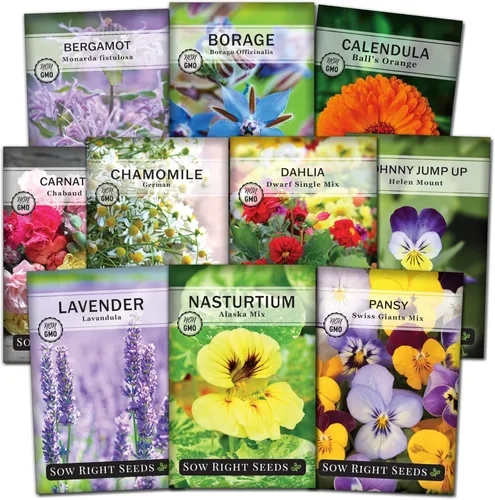 Sow Right Seeds - Colección de semillas de flores comestibles para plantar - Paquetes individuales de capuchina, pensamiento, lavanda, manzanilla,
