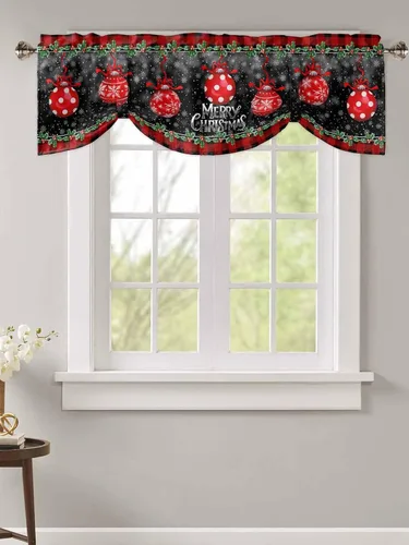 Miniatura 2 de Cenefa de cortina con lazo rojo de Navidad para ventanas, sala de estar, cocina, baño, granja, bolas de Navidad de acuarela con diseño de bayas