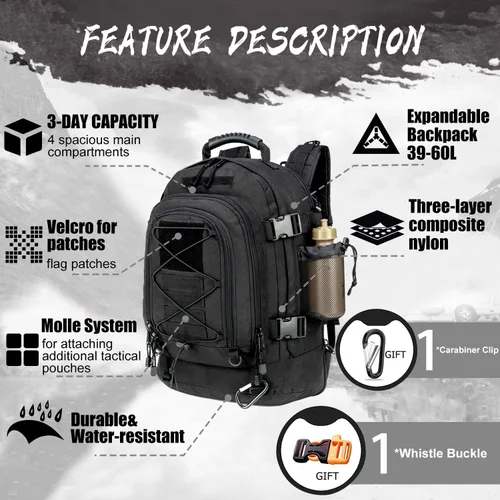 Miniatura 3 de Mochila táctica militar expandible 40-64L Bolsa de 3 días Senderismo Gimnasio Deporte Camping Negro