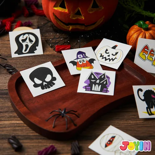 Miniatura 6 de JOYIN 144 tatuajes temporales brillantes de Halloween, 12 diseños luminosos de Halloween, calabaza, fantasma, calcomanías de tatuaje para niños