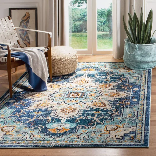 Miniatura 50 de Safavieh Madison Collection (MAD473M) Tapete redondo de 4 pies, azul y azul claro, diseño chic y bohemio desgastado de medallón, no pierde fibras