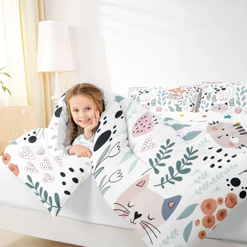 Miniatura 2 de Juego de ropa de cama tamaño individual para niñas y niños, juego de edredón de dibujos animados de animales y gatos, decoración de habitación