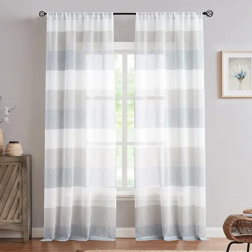 Vision Home Cortinas traslúcidas a rayas color gris y azul ahumado, paneles de ventana rústicas de lino de 63 pulgadas de largo, cortinas rústicas