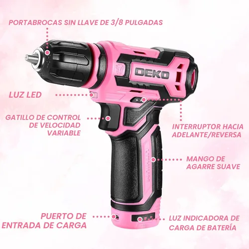 Miniatura 2 de Taladro inalámbrico: juego de taladro eléctrico DEKOPRO de 12 V con taladros eléctricos rosa de 800 RPM con caja de regalo, juego de taladro rosa