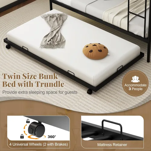 Miniatura 6 de Giantex Litera de metal individual sobre cama individual con nido, literas industriales individuales con escalera y barandillas de longitud