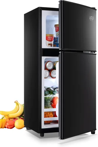 Miniatura 8 de KRIB BLING Mini refrigerador compacto, refrigerador pequeño, termostato ajustable de 7 niveles, estantes extraíbles con acero inoxidable, 2 puertas