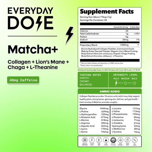 Miniatura 3 de Everyday Dose Mushroom Matcha+ Polvo de Matcha de Grado Ceremonial - Té Japonés con Colágeno Alimentado con Pasto, Melena de León, Chaga, L-Teanina