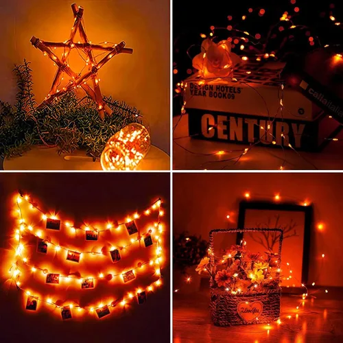 Miniatura 7 de RUICHEN Guirnalda de luces regulables enchufables de 33 pies, 100 luces LED de alambre plateado con control remoto, color naranja