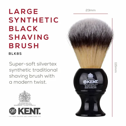 Miniatura 2 de Kent BLK8S Brocha de afeitar con cerdas sintéticas de texto plateado ultrasuaves y mango de resina negra para usar con crema de afeitar o jabón