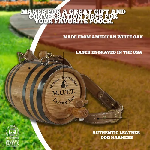 Miniatura 6 de St Bernard - Collar de barril de whisky para perro, 'M.U.T.T.' - Dispensador de barril de roble de 1/2 litro para perros San Bernardo con correa