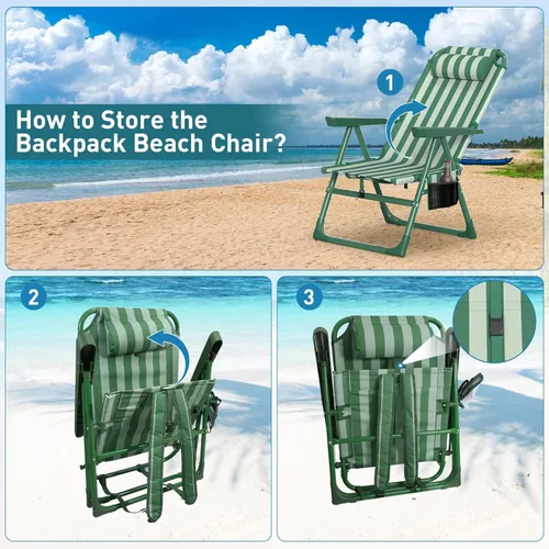 Miniatura 7 de Suteck Sillas de playa tipo mochila para adultos, paquete de 2, silla reclinable plegable de 6 posiciones con bolsa enfriadora y soporte para tazas