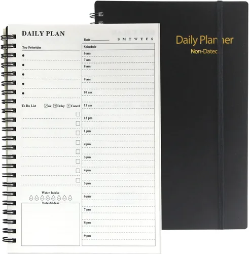 Agenda diaria sin fecha, cuaderno A5 con horarios por hora, organizador de gestión del tiempo en espiral para hombres y mujeres, 8.3 x 5.6 pulgadas,