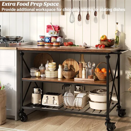 Miniatura 6 de Carrito de isla de cocina Homieasy con ruedas, mesa de isla de cocina rodante de 3 niveles de madera y metal con patas de tubo, estantes