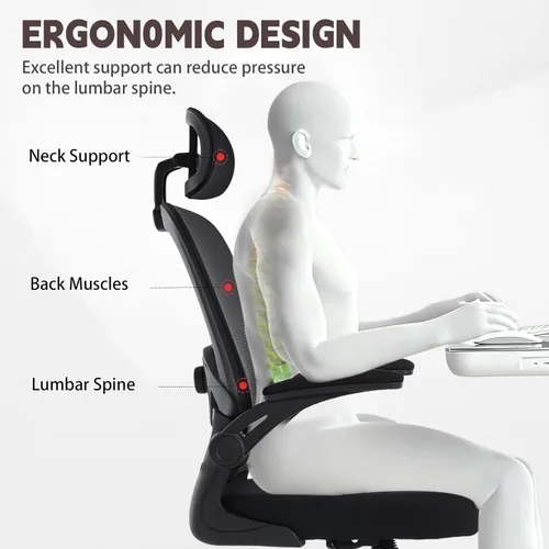 Miniatura 4 de Silla de oficina ergonómica con soporte lumbar ajustable 3D, respaldo alto de malla, reposacabezas giratorio de 75°, función mecedora, capacidad