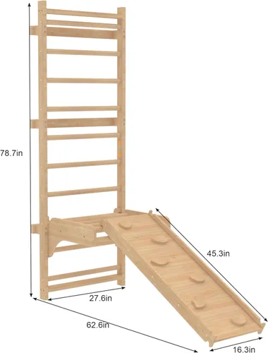 Miniatura 6 de Avenlur Betula Escalera Sueca de Pared para Gimnasio - Conjunto de Juegos Interior con Columpio, Escalera de Cuerda, Barra de Dominadas y Tobogán
