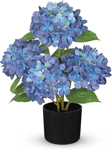 Miniatura 19 de Hollyone Flores artificiales de hortensias azules en maceta, flores grandes de seda de tres cabezas, arreglos florales falsos para interiores