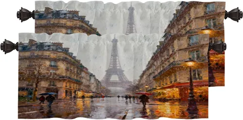 Miniatura 95 de Cortinas opacas de cocina con pintura al óleo de Europa rosa y negra para ventanas, cenefas opacas modernas de torre Eiffel de poliéster multicapa