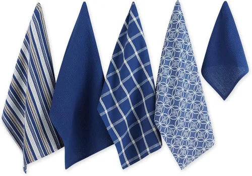 DII Juego de cocina variado tejido, toalla de cocina, 18 x 28 pulgadas, paño de cocina, 13 x 13 pulgadas, azul náutico, 5 piezas Nautical Blue