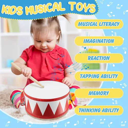 Miniatura 4 de Boao Juego de 2 tambores para niños, tambor de juguete de madera de 8 pulgadas para niños pequeños con correa ajustable y 4 baquetas, instrumento