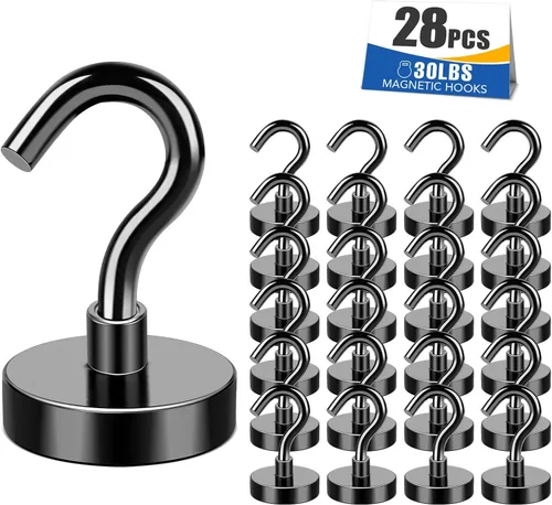 Miniatura 17 de MIKEDE Ganchos magnéticos negros resistentes de 30 libras, imanes fuertes con ganchos de metal para soportes colgantes al aire libre, 6 ganchos