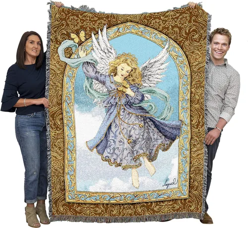 Miniatura 11 de Pure Country Weavers Angelic Trio - Manta con diseño de tres ángeles tocando música, manta cuadrada para regalo, tejida de algodón, fabricada