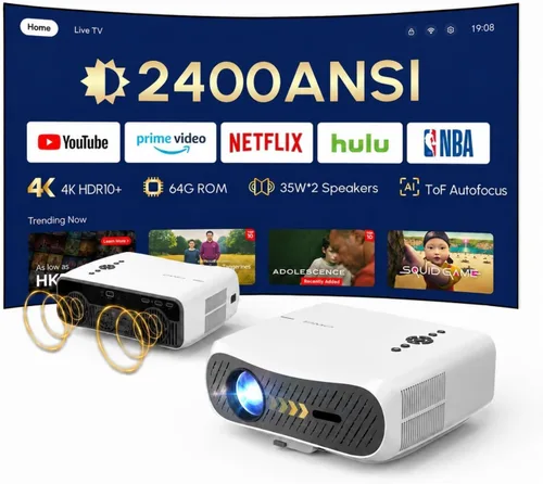 Miniatura 11 de Proyector de TV Google 4K, 2400 ANSI Proyector inteligente diurno con HDR10, enfoque automático ToF, ventilador de refrigeración AI, Dolby, HDMI