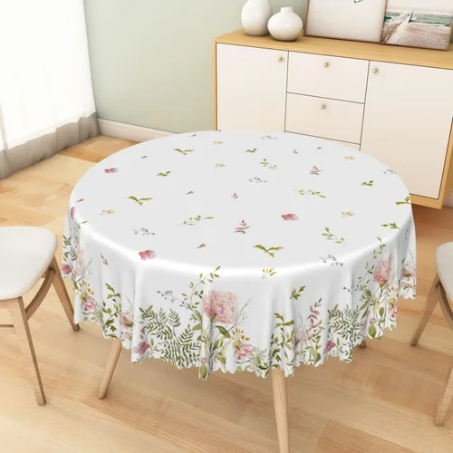 Miniatura 5 de Mantel redondo floral de primavera y verano de 48 pulgadas, diseño de flores rosas en acuarela, plantas botánicas, mantel decorativo de tela lavable