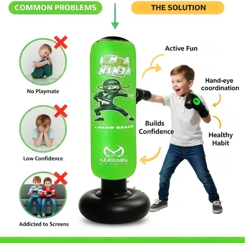 Miniatura 7 de Marwan Sports Ninja Inflatable Punching Bag for Kids 4-12, Indoor Active Play for Sensory Seekers & High-Energy Kids, 63" 5-in-1: Gloves, Manual