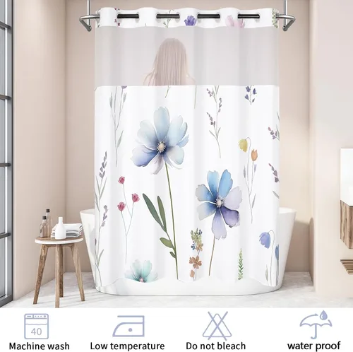 Miniatura 6 de Juego de cortina de ducha sin gancho con forro a presión, diseño floral moderno para baño, tela sin anillo, cortinas de flores impresas en acuarela