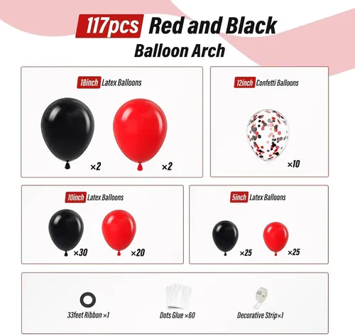 Miniatura 2 de Kit de guirnalda de arco de globos rojos y negros con globos de confeti negro y rojo para graduación, aniversario, San Valentín, Año Nuevo