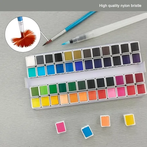 Miniatura 6 de Juego de acuarela sólida de 48 colores para adultos, 20 papeles de acuarela, 2 pinceles de artista, 2 bolígrafos de agua, esponja y limpiador, kit