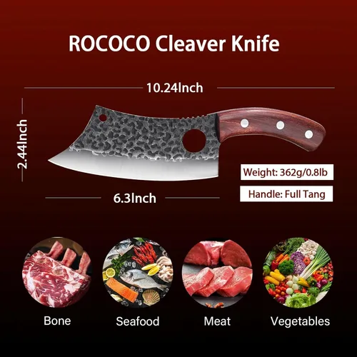 Miniatura 6 de ROCOCO Juego de 3 cuchillos de carnicero para cortar carne, cuchillo de chef serbio, cuchillo de deshuesado vikingo con fundas para cocina, BBQ al