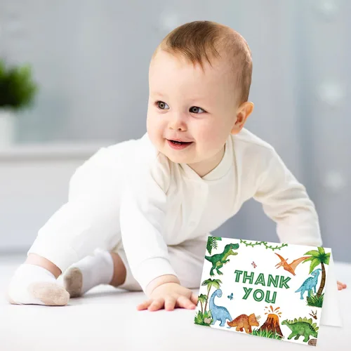 Miniatura 6 de Whaline Paquete de 24 tarjetas de agradecimiento de dinosaurio, tarjetas de felicitación jurásicas verdes con sobres, tarjetas de notas en blanco