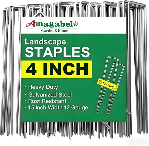 AMAGABELI GARDEN & HOME Paquete de 50 grapas galvanizadas de 4 pulgadas para jardín, estacas de jardín de calibre 12, estacas de cubierta de