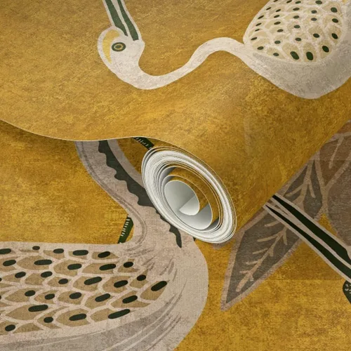 Miniatura 2 de Spoonflower Papel tapiz para despegar y pegar - Grúas Art Deco Golden Birds Gold Oriental Texture Silver Papel pintado extraíble personalizado