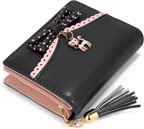 Miniatura 3 de UTO Cartera para niñas de piel sintética con colgante de gato con borla y cremallera, organizador de tarjetas para mujer, pequeño y lindo monedero