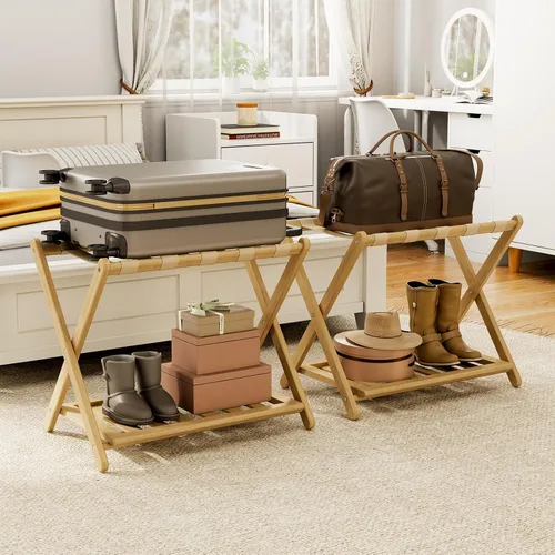 Miniatura 19 de oakvivo Portaequipajes negro totalmente montado para habitación de invitados, soporte plegable de bambú para maleta con 5 correas de nailon, soporte