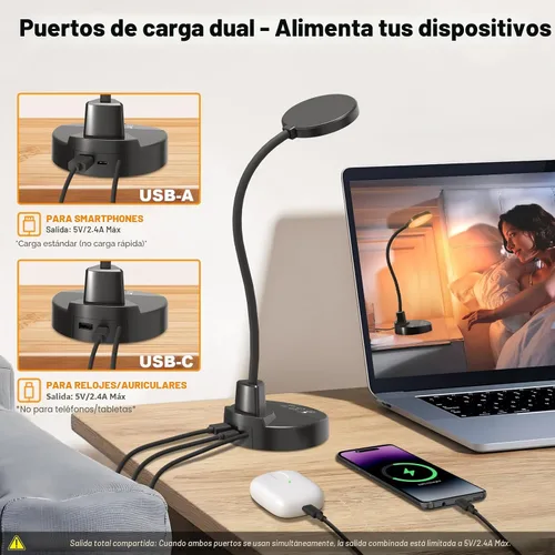 Miniatura 4 de Lámpara de escritorio LED de 15W con puertos de carga USB – Lámpara de mesa regulable con 3 temperaturas de color, 5 niveles de brillo, 4