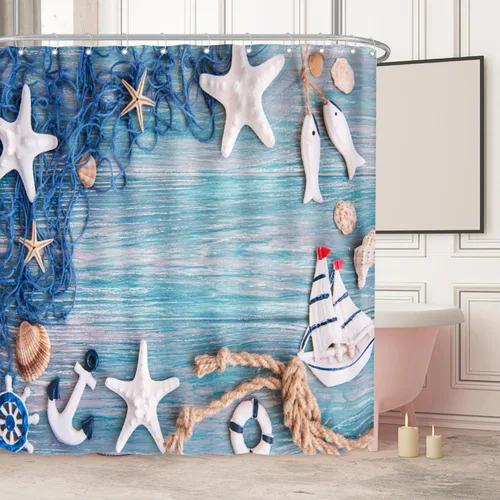 Cortinas de ducha con temática oceánica, 72 pulgadas de largo x 72 pulgadas de ancho, juego de cortinas de baño rústicas vintage con estrellas de