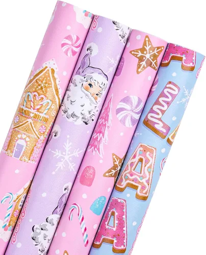 Miniatura 10 de WRAPAHOLIC Rollo de papel de regalo de Navidad de 30 pulgadas - Rollo jumbo rojo, verde y rosa de gnomo de Navidad y elfo festivo, colección de 4