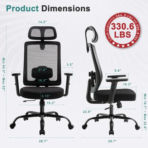 Miniatura 3 de Shintenchi Silla de oficina de malla, silla ergonómica de escritorio de oficina en casa con soporte lumbar ajustable, reposacabezas, inclinación