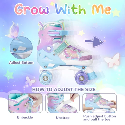 Miniatura 2 de Nattork Patines de Ruedas para Niñas y Niños, Patines Cuádruples de 4 Tamaños Ajustables con Diseño de Mariposa y Flor con Todas las Ruedas Púrpura