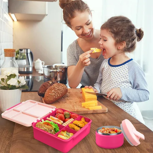 Miniatura 6 de Pawtong Lonchera Bento con termo de sopa de 8 onzas, recipientes de comida a prueba de fugas para niños con 4 compartimentos, recipiente de comida