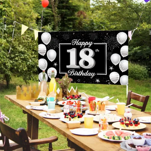 Miniatura 5 de Cartel de fondo de cumpleaños número 18, decoración de fiesta plateada y negra para niños y niñas, fondo de cabina de fotos