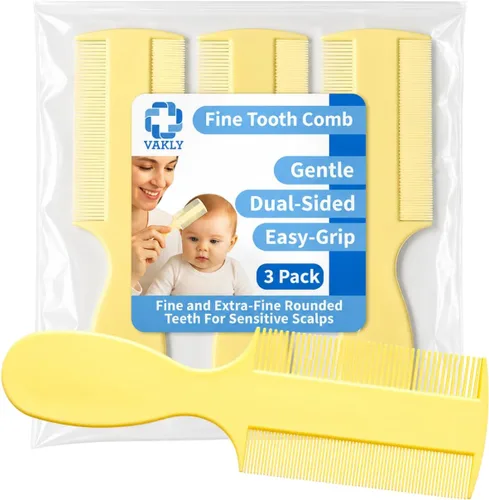 Vakly Peine de dientes finos (paquete de 3) – Peine de bebé de doble cara con asa, peine extrafino para piojos y caspa para cuna, recién nacidos,
