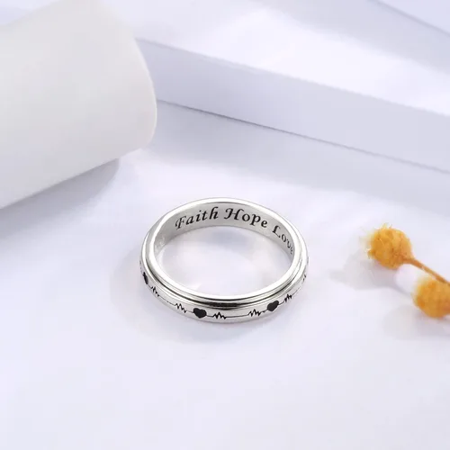 Miniatura 31 de 925 Sterling Silver Spinner Fidget Ring for Women: Musical Note Viking Rune Heartbeat Anxiety Stress Relieving Rotatable Ring Faith Hope Love